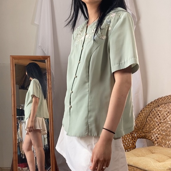 Vintage Liz Baker Green Embroidered Short Sleeve Blouse Button Down Shirt - Picture 3 of 10